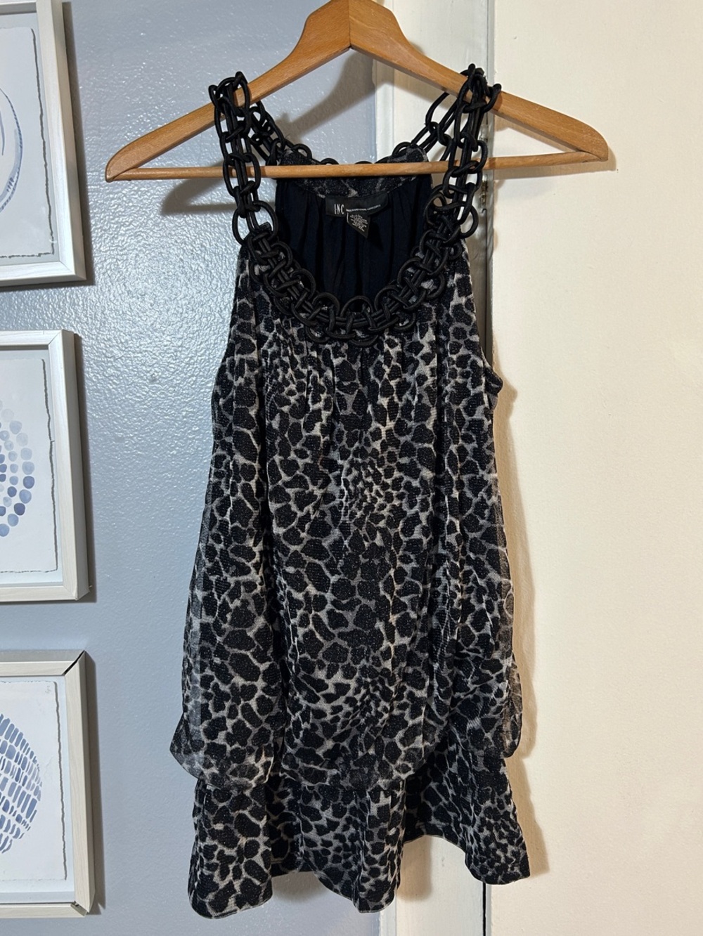 INC International Concepts Black and Gray Animal Print Chain-Detail Tank Size L